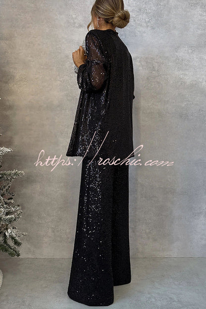Party Scene Sequin High Rise Elastic Waist Wide Leg Pants