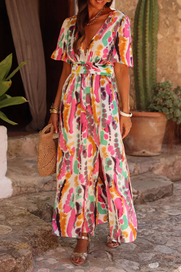 Tie-dye Print V Neck Maxi Dress