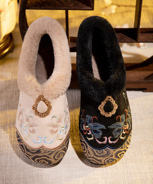 Embroidery Flat Feet Shoes Black Fuzzy Wool Lined