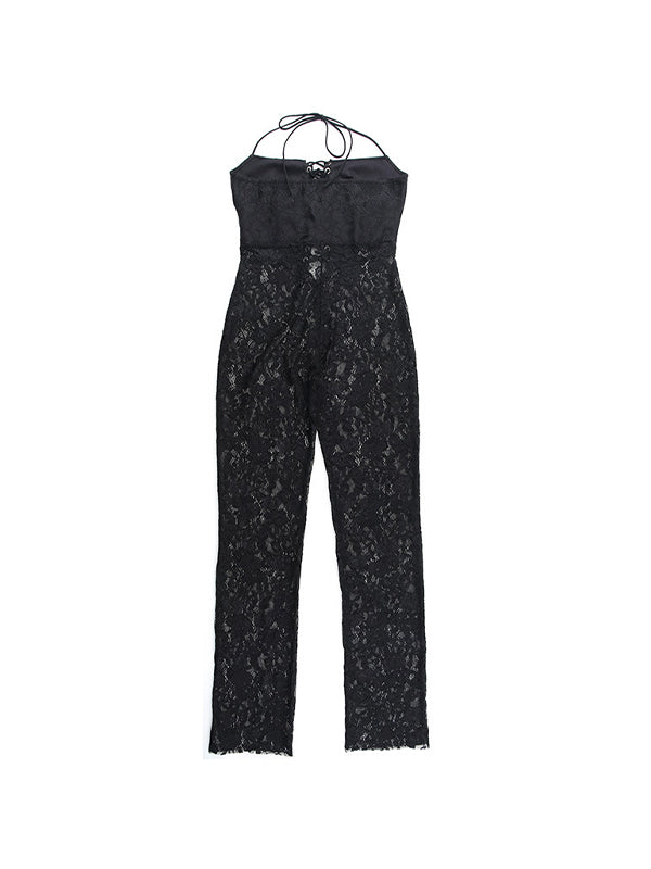 Perspective Lace Halter Eyelet Jumpsuits With Tie Front