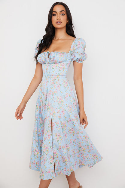 Blue Puff Sleeve Midi Dress