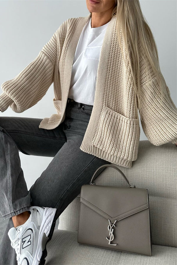 Color V-neck Long-sleeved Knitted Cardigan