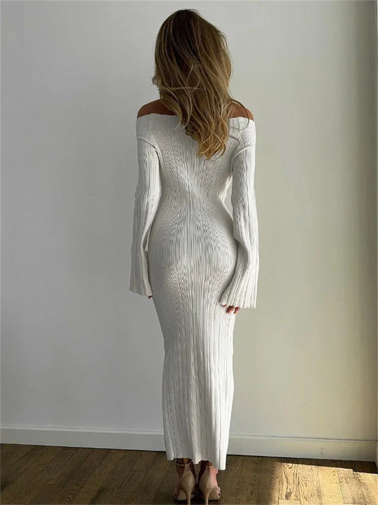 Autumn Knit Ribbed Long Dress Off-shoulder Slim High Waist Patchwork Party Dress Female Maxi Dress Knitwear