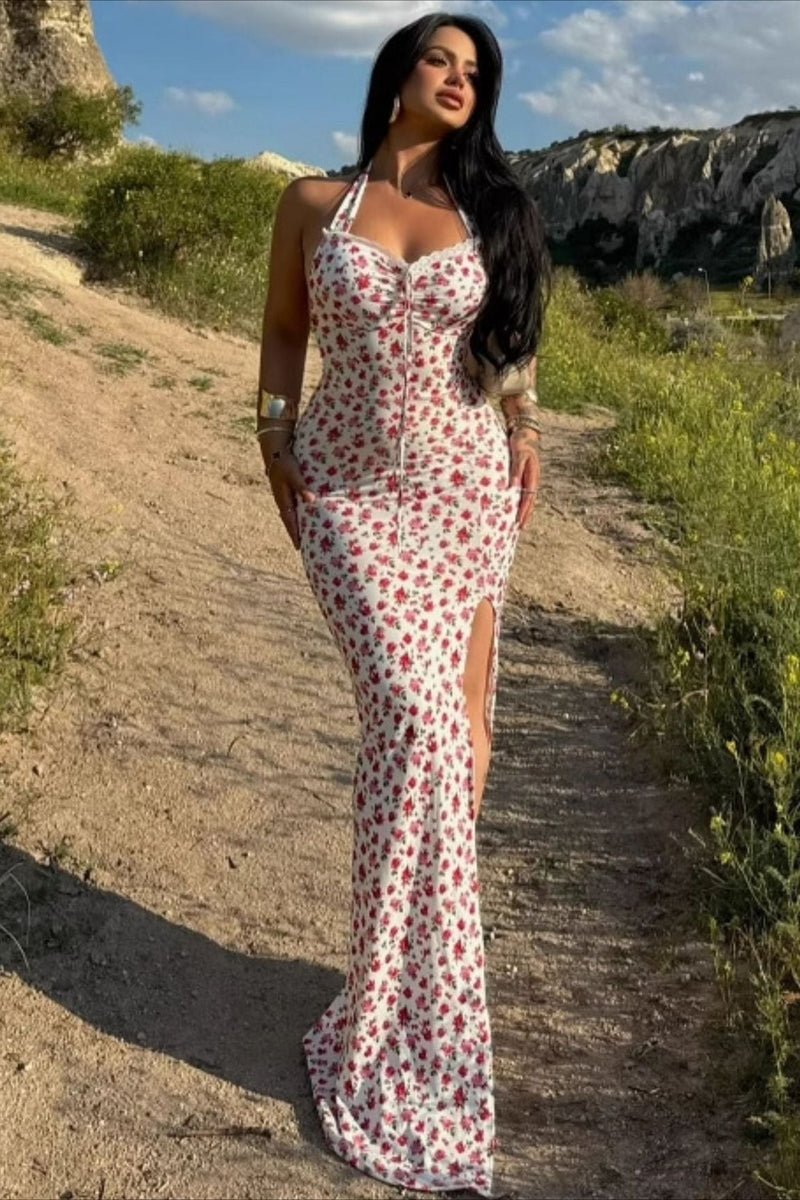 Tie-back Backless Fitted Split Maxi Dress