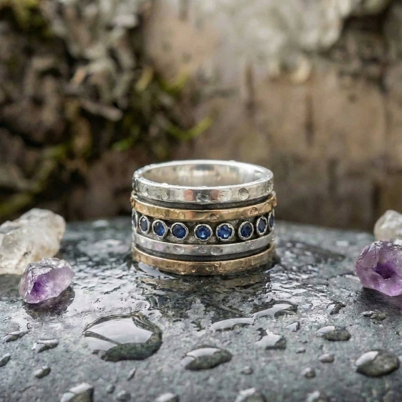 Vintage Inlaid Blue Stones Gold & Silver Ring