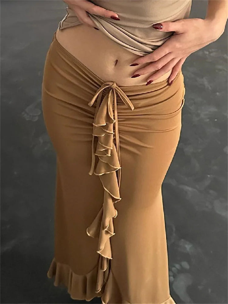 Ruffled Tassel Skirt for Patchwork Pleated Y2k Skirt Low Waist Lace-up Slim Outfits Black Midi Skirt