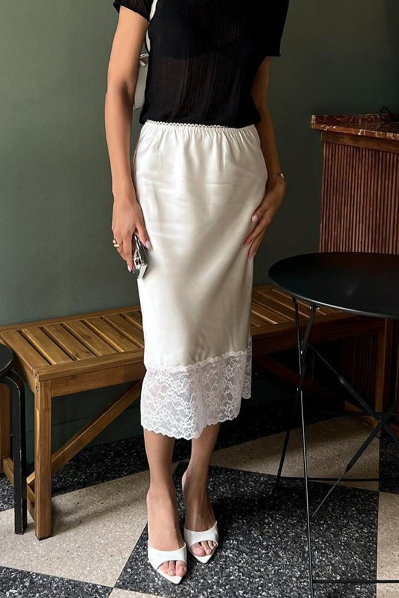 Satin Lace Trim Bodycon Skirt