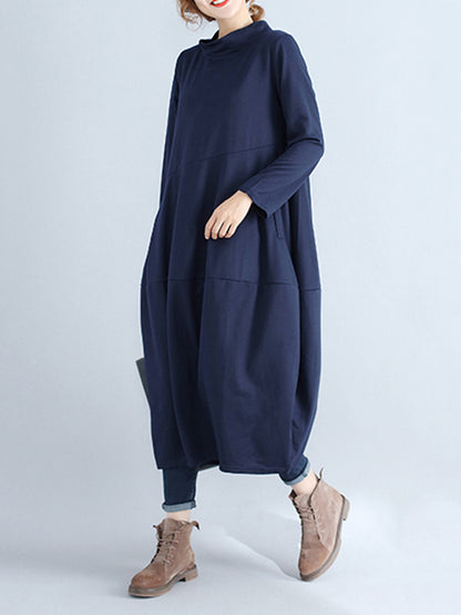 Loose Color Hooded Midi Dresses