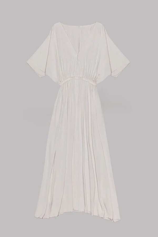 Soft and Kimono Sleeve Stretchy Waist Pocketed Slit Maxi Dress