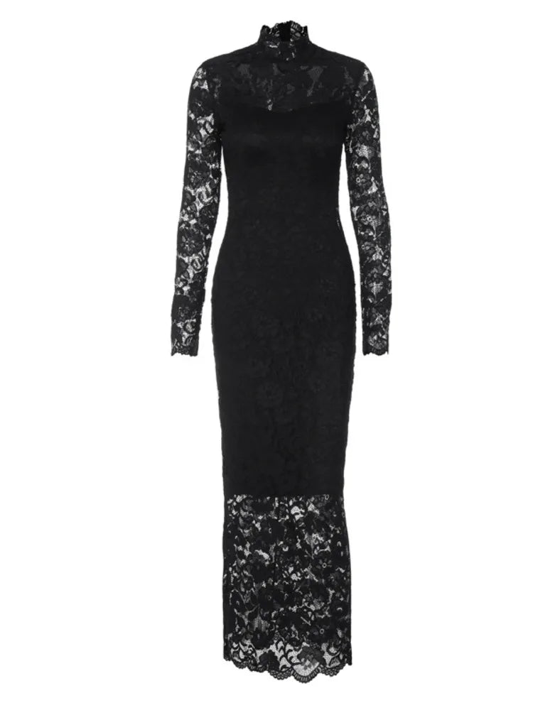 Long Sleeved Lace Patchwork Long Dress Summer New Slim Fit Bodycon Party Evening Dress