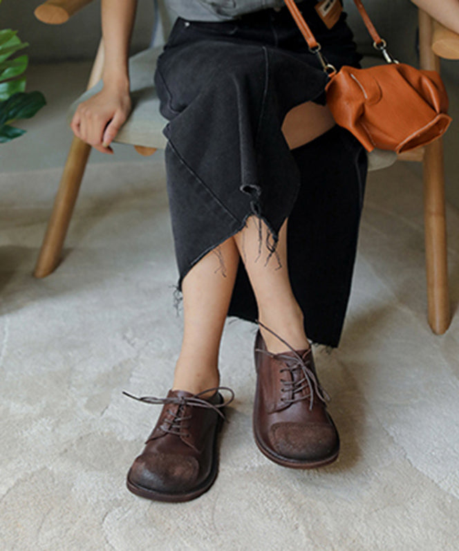 Retro Splicing Flat Shoes for Lace Up Chocolate Cowhide Leather Flat Shoes
