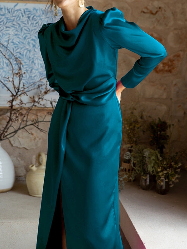 A-line High Waisted Pleated Color Split-front Mock Neck Maxi Dresses