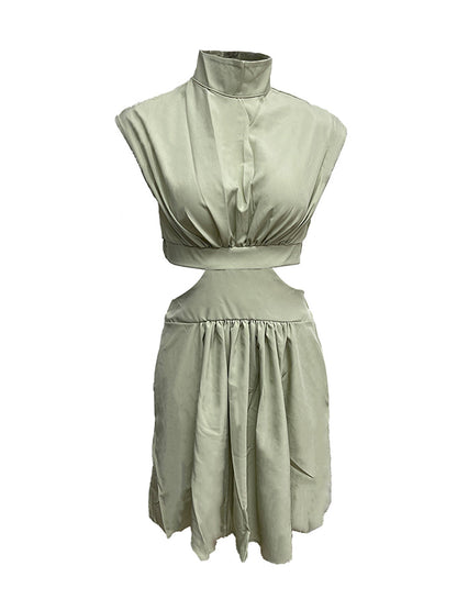 Skinny Belly-hollow Pleated Color Stand Collar Mini Dresses
