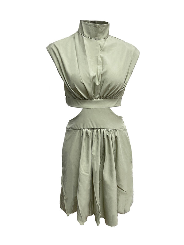 Skinny Belly-hollow Pleated Color Stand Collar Mini Dresses