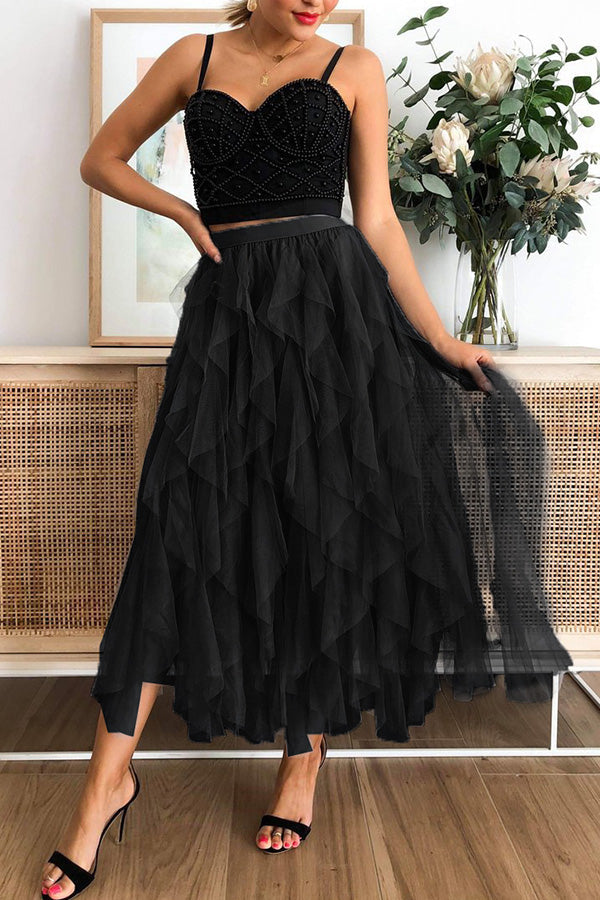 Fashionable Color Puffy Mesh High Waist Slimming Skirt