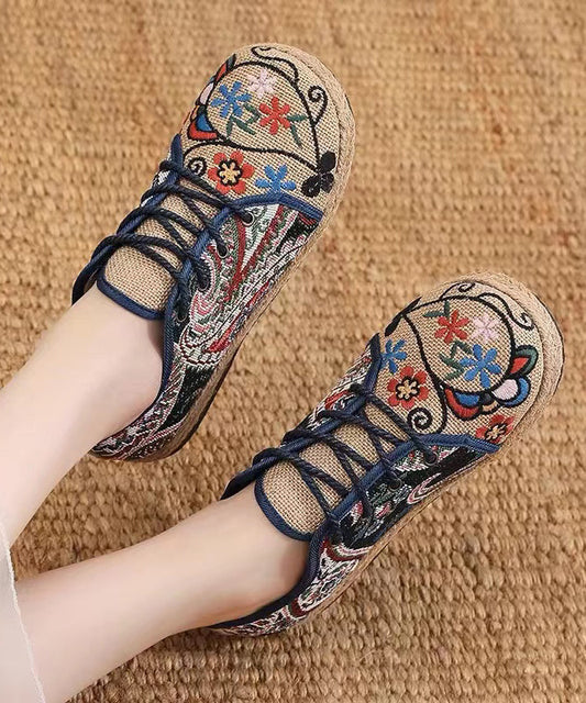 Retro Style Embroidered Lace Up Linen Flat Shoes