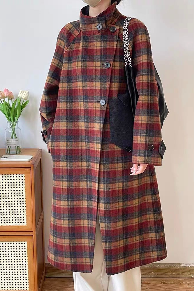 Plaid Wool Blend Stand Collar Mid-length Overcoat