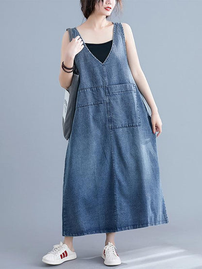 Loose Sleeveless Denim V-neck Midi Dress