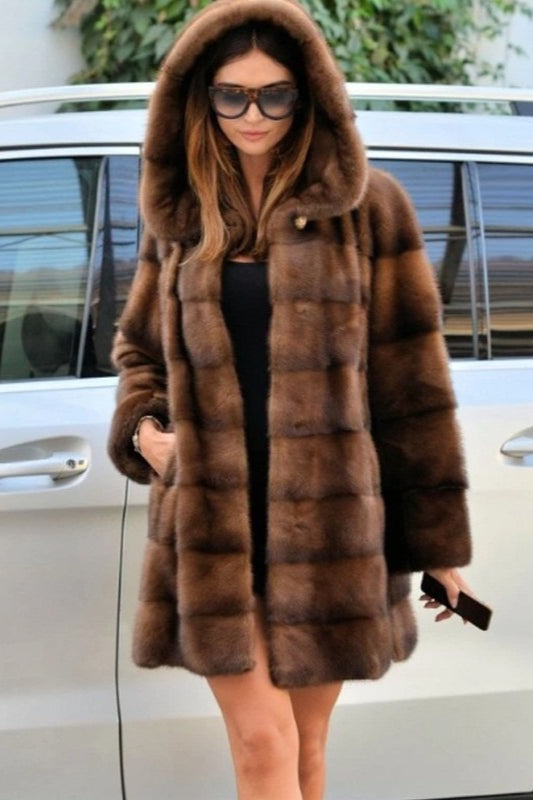 Faux Mink Fur Hooded Mid-length Loose Coat