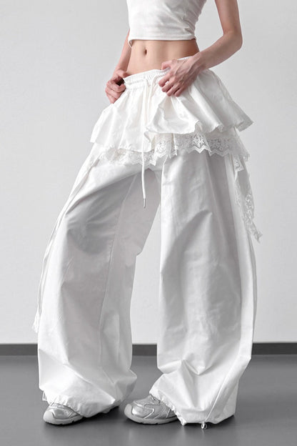 Lace Skirt Hem Trim Wide Leg Pants