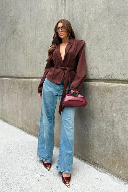 Wine Red Suede Tie-waist V-neck Coat