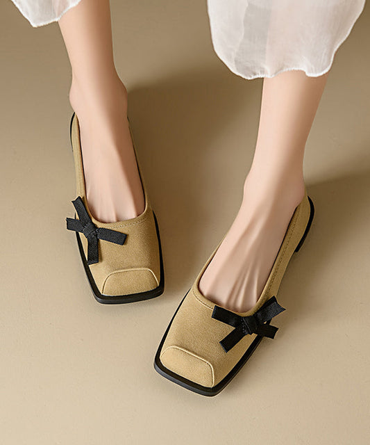 Apricot Suede Flat Shoes Splicing Bow