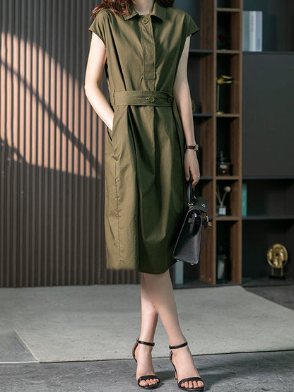 Short Sleeves Bandage Color Lapel Midi Dresses