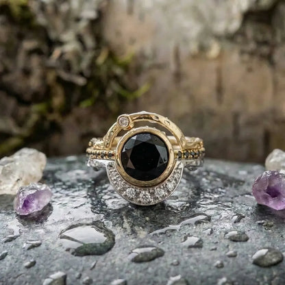 Vintage Black Glass & Zirconia Gold Ring