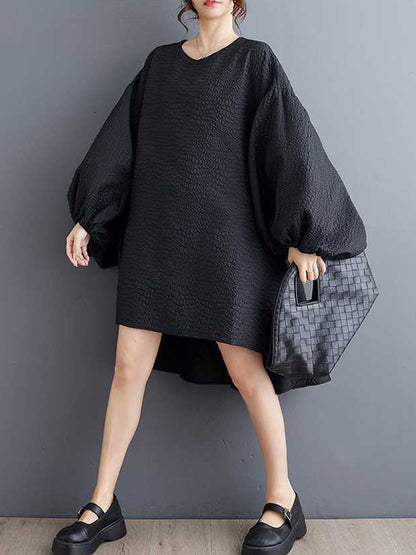 High-low Long Sleeves Elasticity Color Split-joint Round-neck Midi Dresses