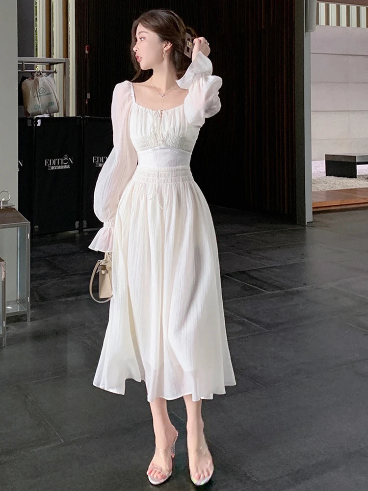 Long Sleeve Midi Dress Spring Summer New White Party Holiday Backless Prom Mixi Clothes Vestidos Robe
