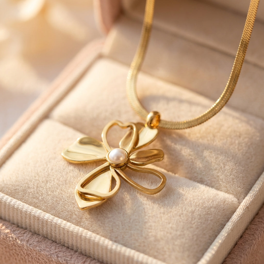 Trendy Hollow Flower Pearl Gold Necklace