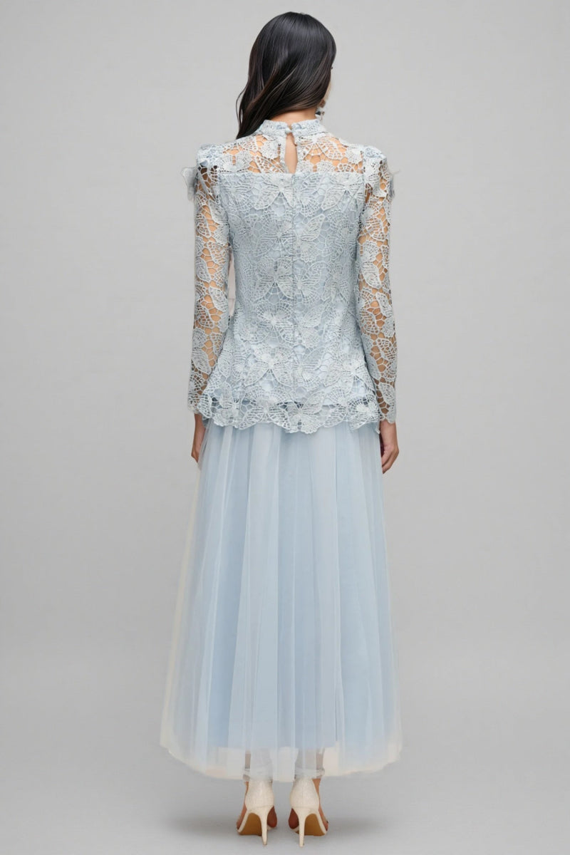 Hurof Folds Lace Butterfly Top Dress Two-piece Set