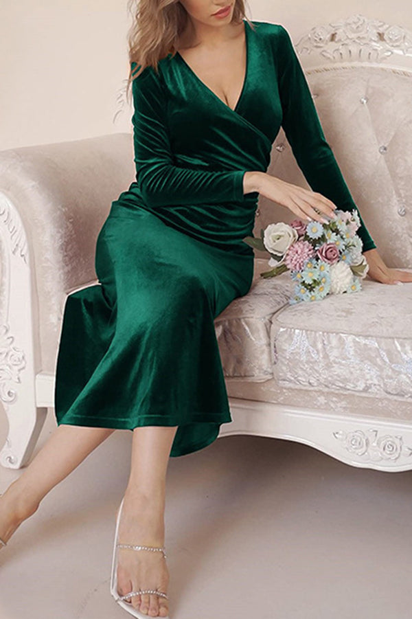 Color Velvet Long Sleeve V-neck Slim Fit Fishtail Maxi Dress