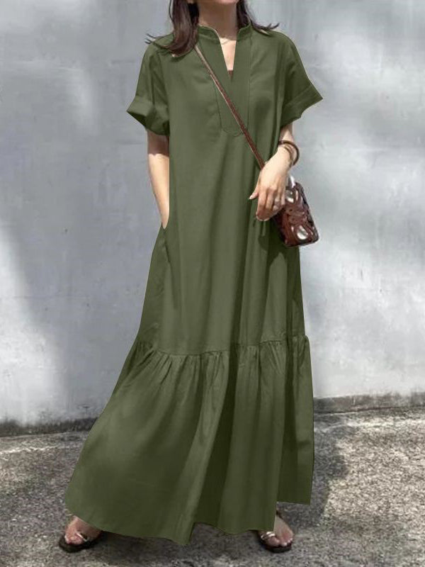 A-line Loose Color Split-joint V-neck Maxi Dresses