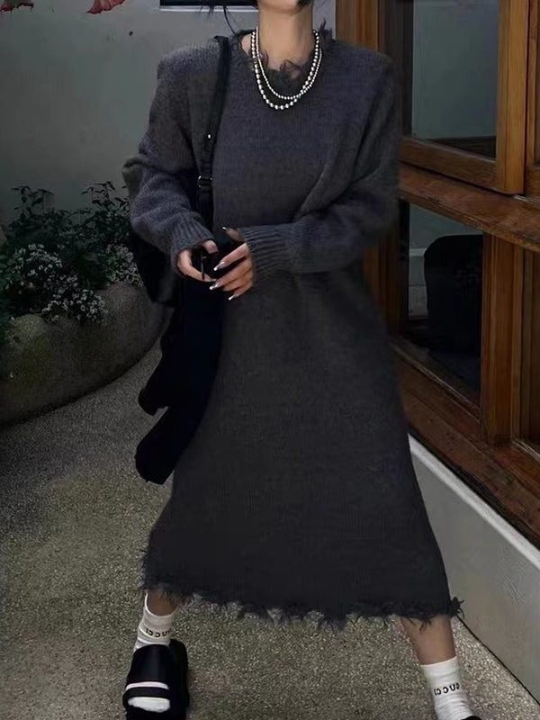 High Waisted Long Sleeves Fringed Color Round-neck Midi Dresses Sweater Dresses
