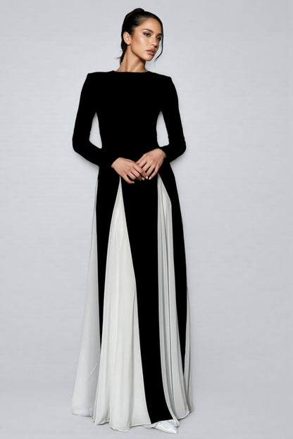 Liwy Black and White Clashing Long Sleeve Maxi Dress