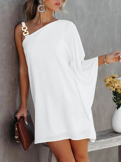 Batwing Sleeves Hollow Printed One-shoulder Mini Dresses
