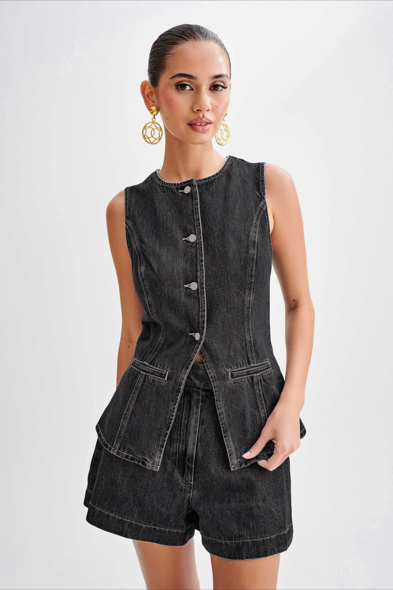 High Waist Vest Denim Shorts Set