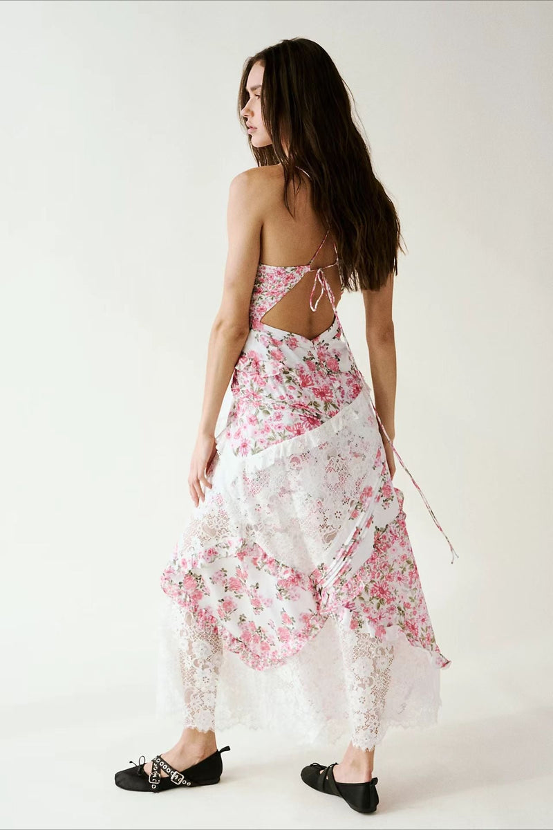 Deep V Ruffle Lace Patchwork Cami Maxi Dress