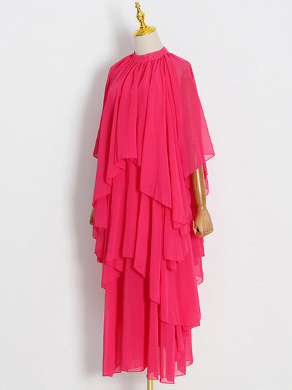 Loose Raglan Sleeve Color Tiered Stand Collar Maxi Dresses