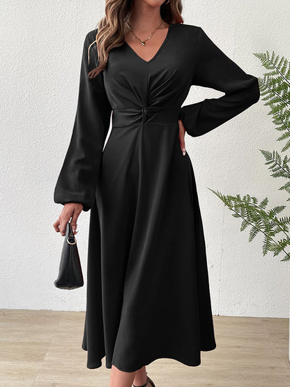 A-line High Waisted Elasticity Knot Pleated Color V-neck Midi Dresses