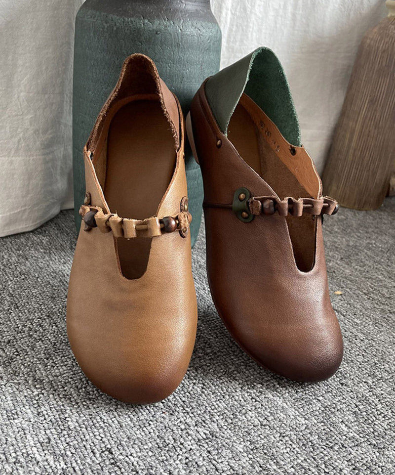 Khaki Genuine Leather Splicing Cross Strap Flat Shoes