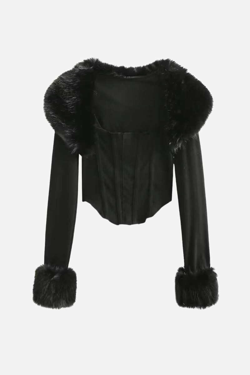 Apphia Crop Faux Fur Blouse & Corset Two Piece Set