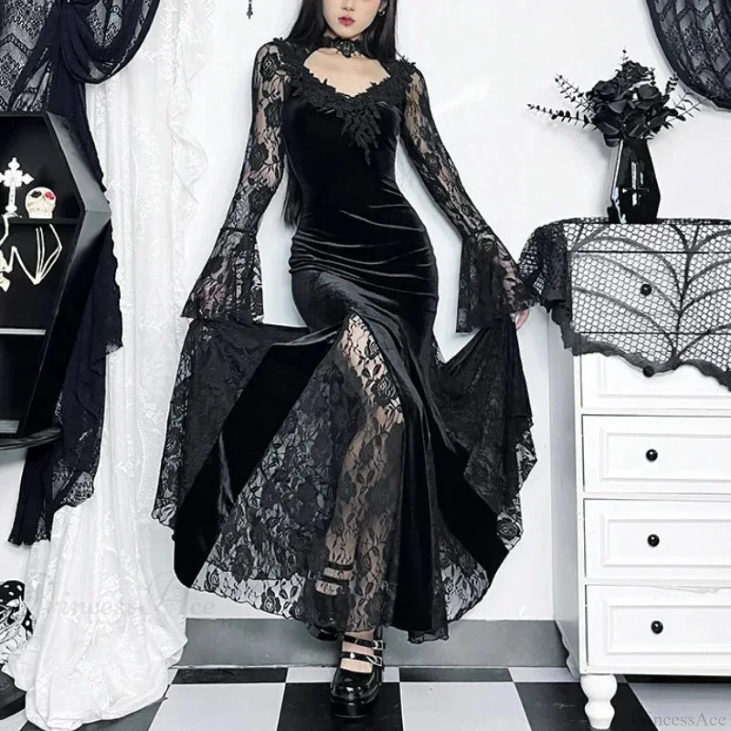 Dark Lace Trumpet Slim Midi Dress