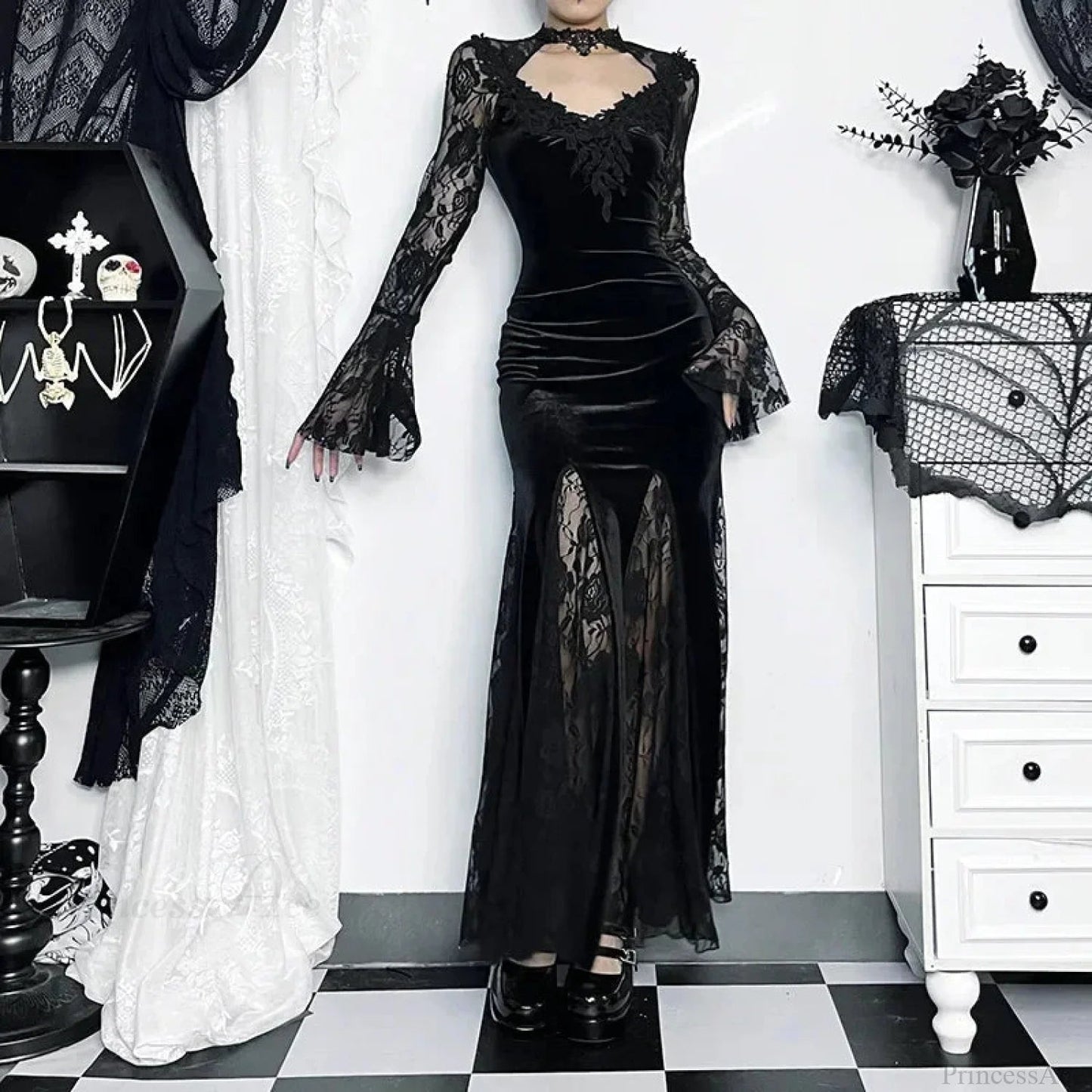 Dark Lace Trumpet Slim Midi Dress
