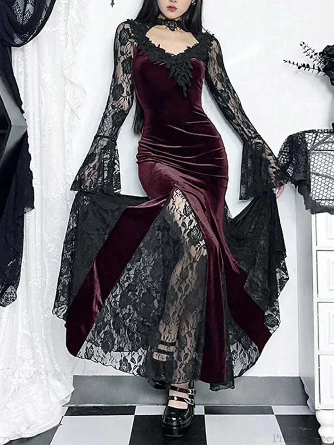 Dark Lace Trumpet Slim Midi Dress