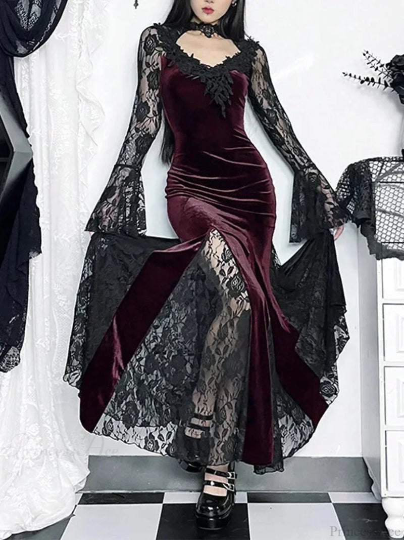 Dark Lace Trumpet Slim Midi Dress