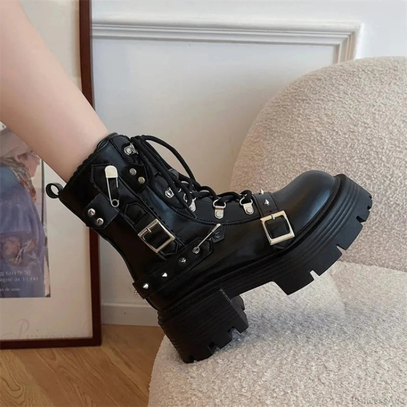 Dark Style Platform Mid-calf Motorcycle Boot