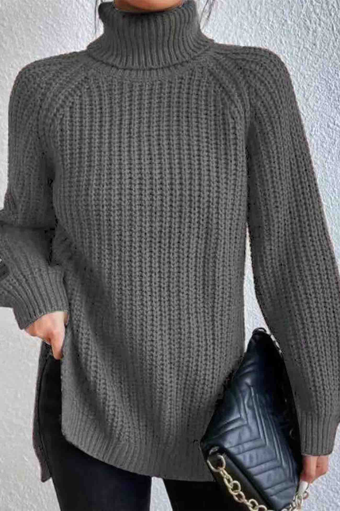 Raglan Sleeve Turtleneck Slit Mid-length Sweater