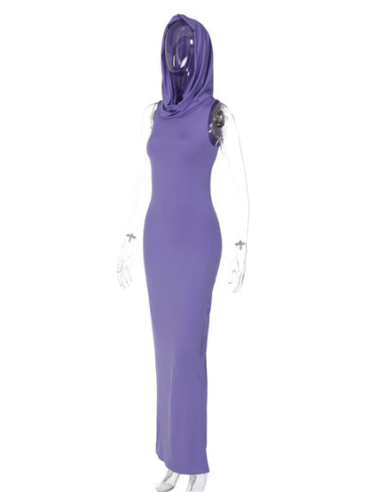 Bodycon High Waisted Hooded Color Split-back Maxi Dresses